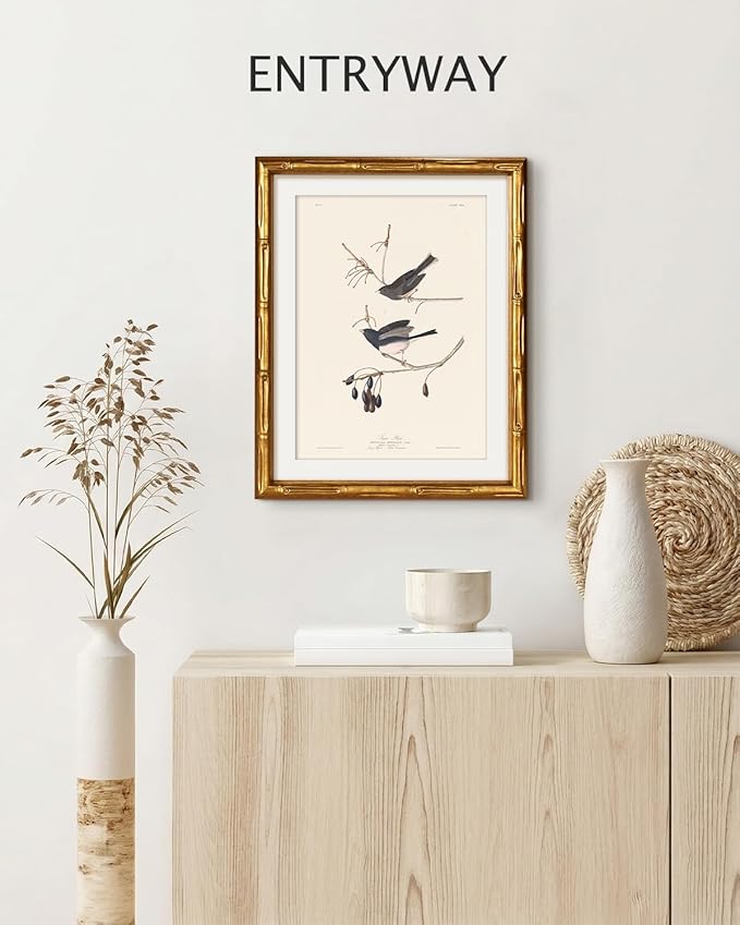 VIYYIEA Bamboo Detail Design Gold Framed Wall Art Kitchen Decor, Vintage Canvas Wall Art Prints for Living Room, Snow Birds Artwork, Animal Painting Picture Print, Home Decor Aesthetic 11 x 14inch