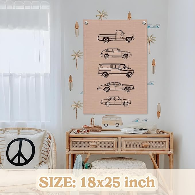 Toddler Boy Room Decor,Cars Room Decor for Boys,Vintage Car Wall Hanging Flag Banner for Bedroom,Playroom Nursery 18x25 Inch