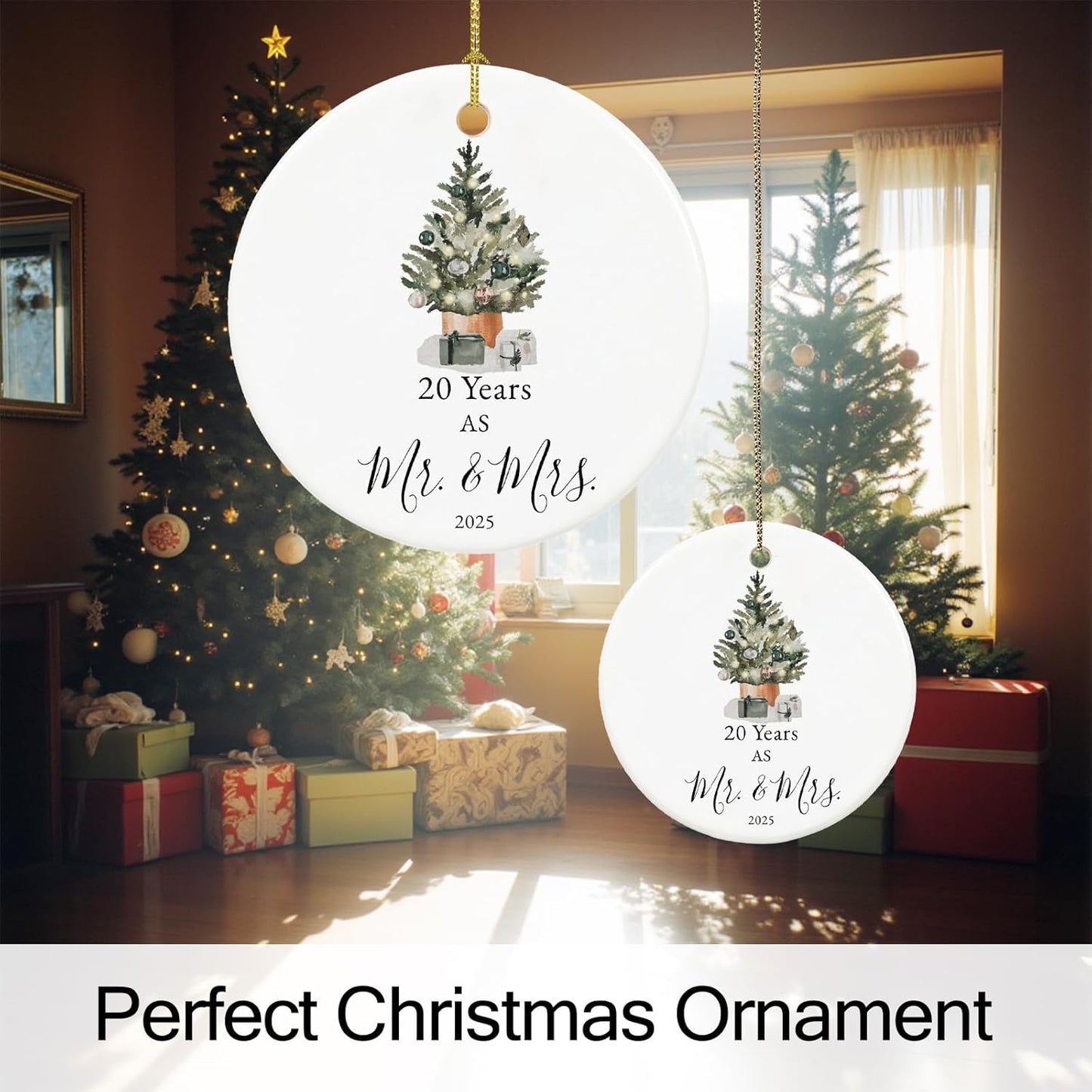 20th Anniversary Ornament Gifts for Couple, 20th Wedding Anniversary for 20 Year as Mr and Mrs Gifts, Ceramic Keepsake 20 Year Anniversary Christmas Ornaments with Ribbon and Box