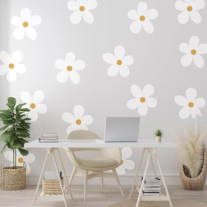 TaoBary 12 Sheet Daisy Wall Sticker Decal Removable Cute Daisy Bedroom Room Decor Flower Wall Sticker Pink White Flower Decal Wallpaper Peel and Stick for Nursery Home(White, Yellow,Charming Style)