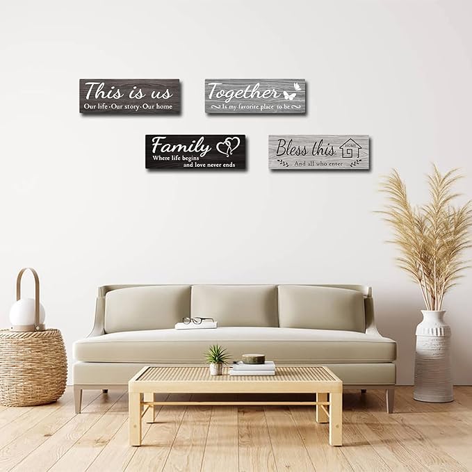4 PCS Home Wall Decor Signs, Rustic Wooden Living Room Hanging Decorations with Quotes THIS IS US/TOGETHER/BLESS THIS/FAMILY, Housewarming Gifts for Wedding Kitchen