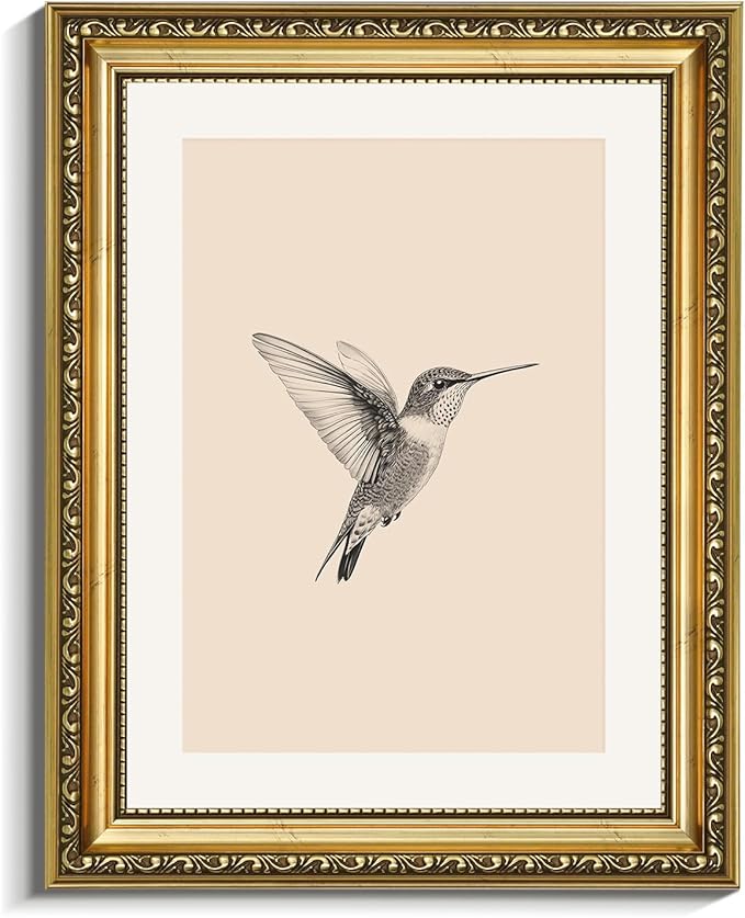 VIYYIEA Gold Framed Elegant Hummingbird Sketch Canvas Wall Art, Vintage Nature Illustration, Minimalist Cream Background Decor | No-Glass Design, Lightweight Anti-Glare Construction | 11x14 Inch