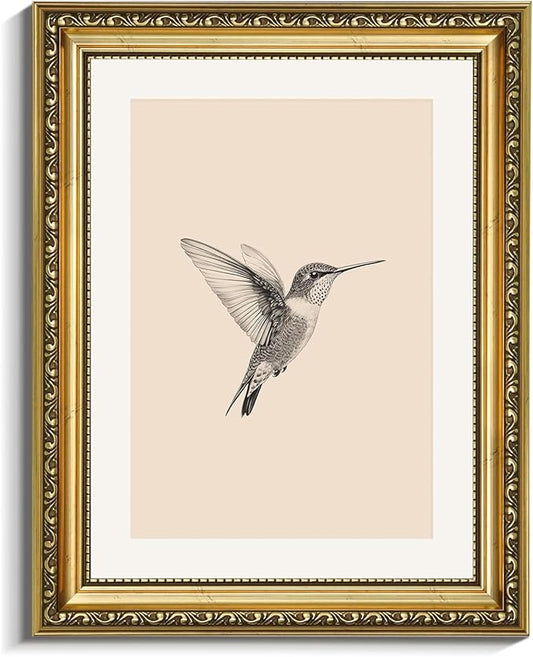 VIYYIEA Gold Framed Elegant Hummingbird Sketch Canvas Wall Art, Vintage Nature Illustration, Minimalist Cream Background Decor | No-Glass Design, Lightweight Anti-Glare Construction | 11x14 Inch
