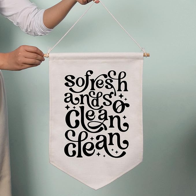 So Fresh and so Clean Clean Wall Hanging Banner, Bathroom Wall Decor, 70s Pennant Flag, Shelf Decor, Funky Wall Art, Laundry Room Decor, Funny Quotes, Trendy Wall Hanging Flag
