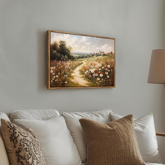 Framed Vintage Wildflower Landscape Canvas Wall Art Rustic Nature Flower painting Decor Pictures Farmhouse Nature Floral Posters Prints for Corridor Living Classroom Bedroom Decoration