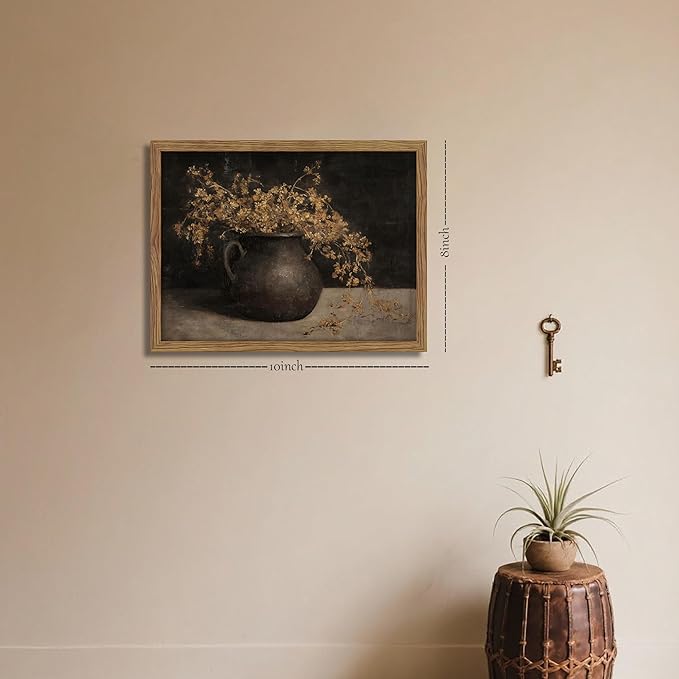 Vintage Dark Framed Wall Art, Farmhouse Floral Autumn Painting, Cottagecore Botanical Vase Wall Decor, Country Cottage Pictures Aesthetics Canvas Print for Living Room Bedroom – 8x10 inch