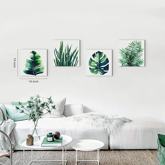 YOOOAHU Green Leaf Wall Art Room Decor Bathroom Bedroom Home Decoration Watercolor Painting Pictures Framed Canvas Prints Boho Tropical Plant Leaves Monstera Botanical White Set of 4 Pcs 20 × 20 Inch