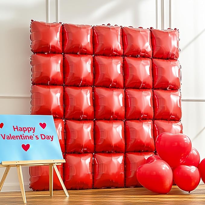 NISOCY 36PCS Red Square Foil Balloons Wall Backdrop Metallic Double Sided Red Christmas Balloons Tunnel Arch Kit for Birthday Baby Shower Valentine‘s Day Party Decoration