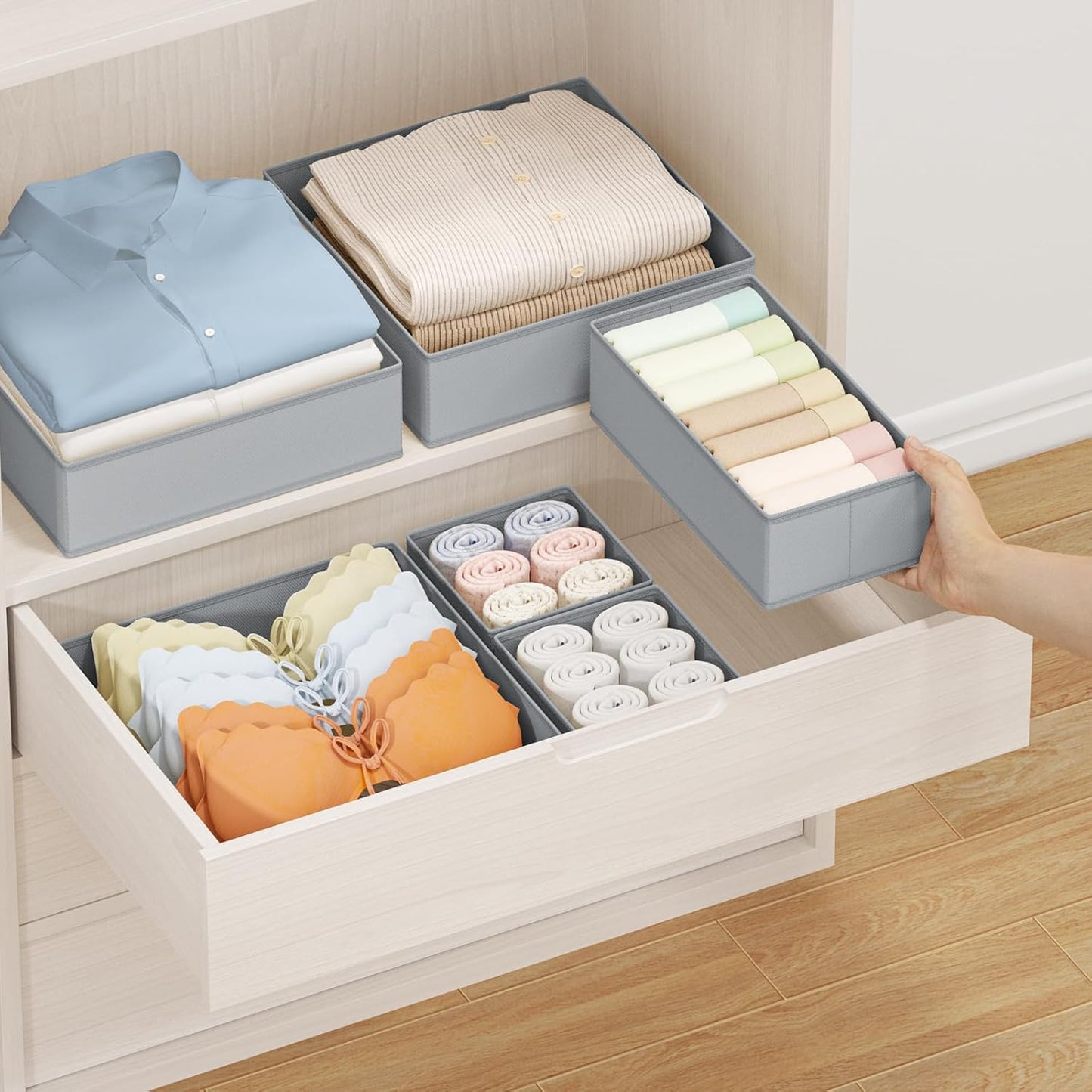 DIMJ Drawer Organizer Clothes 24 Pack - Foldable Baby Organizers and Storage & Dresser Organizer for Bedroom, Closet - Nursery Organization Dresser Dividers for underwear, Sock,Bra, Belt, Tie, Gray