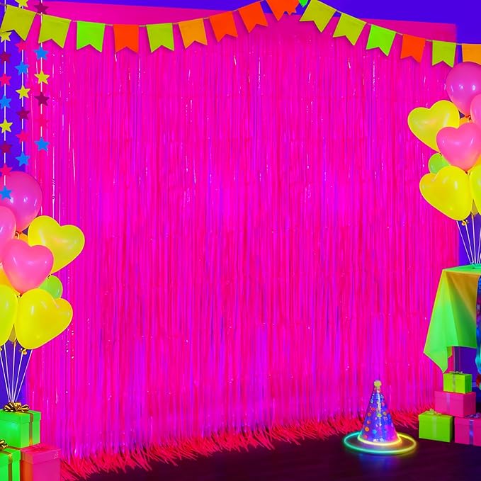 2 Pack Glow in The Dark Party Streamers, Neon Party Decorations Fluorescent Macaron Fuchsia Tinsel Foil Fringe Curtains, Photo Booth Prop Backdrop Streamers, Birthday Halloween Party Decorations