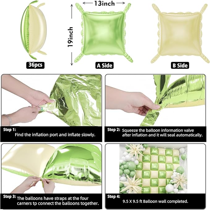 36pcs Cream Green and Cream White Square Foil Balloons Wall Backdrop with 147pcs Balloon Garland Arch Kit, Double Sided Balloons for Birthday Wedding Bridal Shower Baby Shower Party Decorations