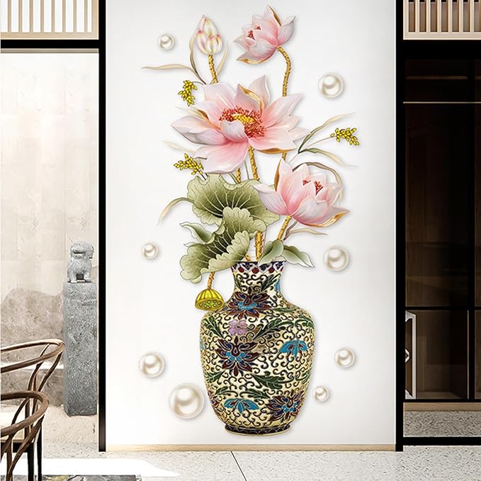 Chinese Style Lotus Flower Vase Wall Sticker, 24"x47" Classical Lotus Flower Wall Decals Murals Peel and Stick 3D Wall Art Stickers for Girls Bedroom Nursery Living Room TV Home Decor