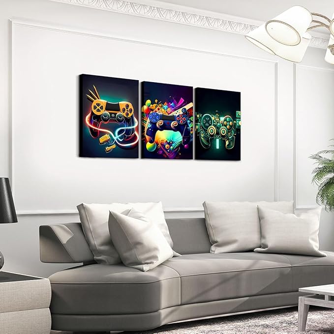 Feelyou Gamer Canvas Wall Art for Living Room - 12" x 16" 3-Piece Game Controller Picture Wall Decor Gaming Gifts Bathroom Office Wall Art Gamepad Artwork Posters Green Wall Painting