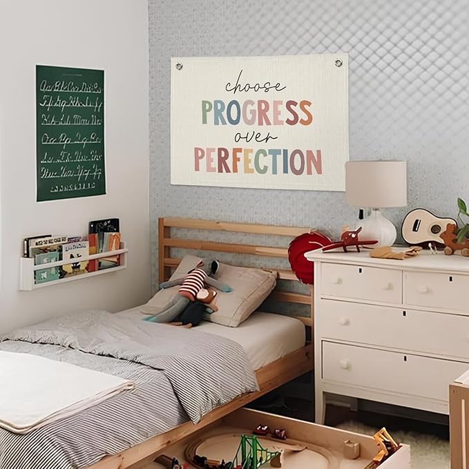 Boho Classroom Decor, Progress Over Perfection Banner, Positive Motivational Linen Banner Wall Hanging Canvas Flag for School Playroom Classroom