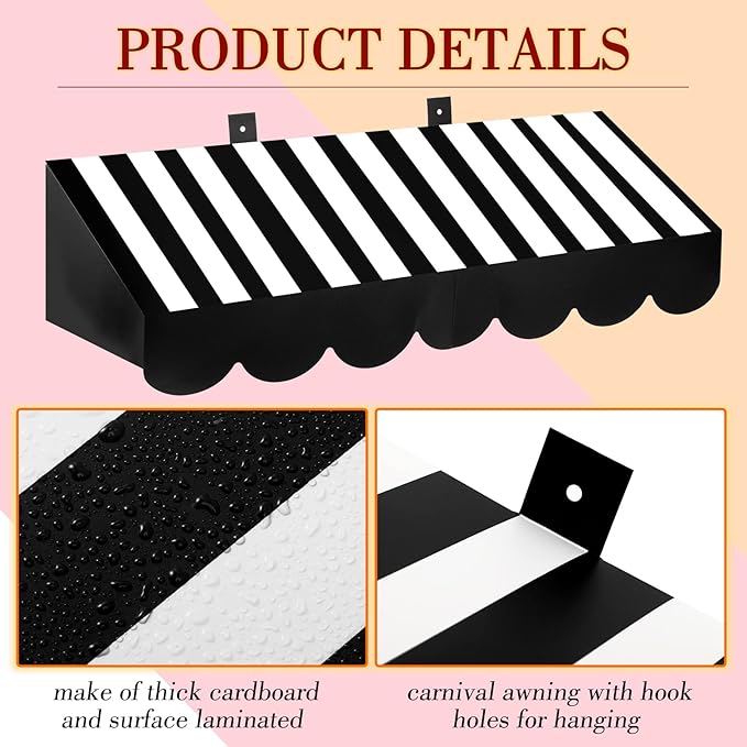 Tallew 4 Pcs 3D Circus Awning Wall Decoration Carnival Awning for Halloween Carnival Theme Party Classroom Decorations(Black and White)