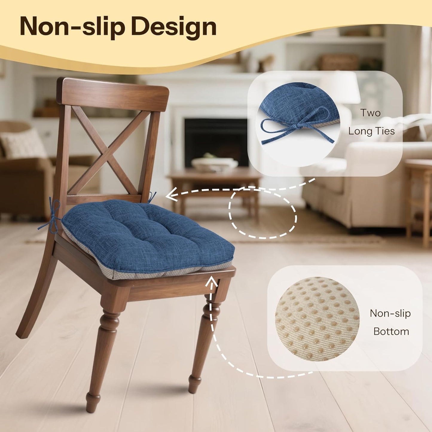 Non Slip Chair Cushions for Dining Chairs Set of 4 Kitchen Chair Cushions 18"x18"x3" Turfted Chair Pads Comfortable and Soft Seat Cushion with Ties, Royal Blue