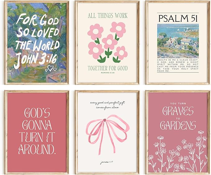 Bible Verse Wall Art Christian Canvas Wall Decor Aesthetic Scripture Wall Art Preppy Religious Posters Jesus Painting Floral Bow Pictures Vintage Prints for Living Room Bedroom 8x10x6 Inch Unframed