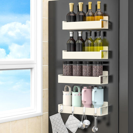 4 Pack Magnetic Spice Rack Organizer for Refrigerator and Oven, Cream White Fridge Organizers and Storage for Kitchen
