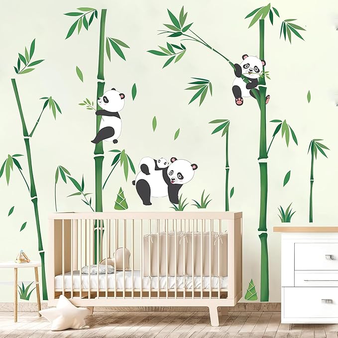 Panda Decor Wall Stickers Bamboo Wall Art Decals, Green Plants Peel and Stick Wall Murals Bamboo Wall Decoration Decals for Baby Kids Bedroom Nursery Living Room Décor