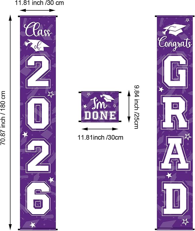 Moukeren 3 Pieces 2026 Graduation Party Decorations Graduation Porch Sign Class of 2026 Grad Hanging Porch Banner Backdrop Door Sign for Grad Party Home Door Wall Decor(Purple)