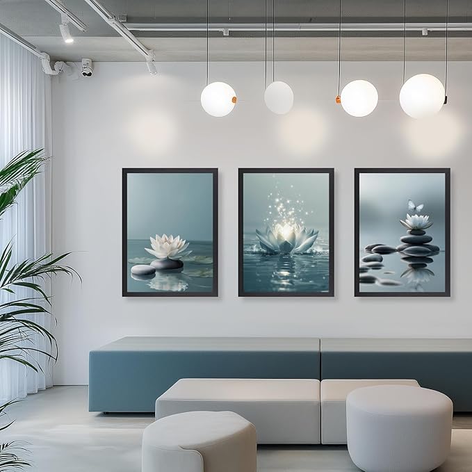 GELDSTEI Calm Zen Botanical Canvas Wall Art, White Lotus Blooming on Stones in Water Aesthetic Pictures, Yoga Spa Meditation Room Decor, Modern Spiritual Poster Prints for Zen Wood Framed Set of 3, Each 12x16 Inch