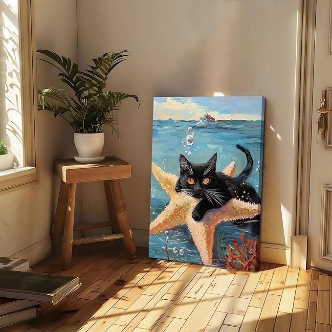 Yaneiro Funny cat canvas wall art, bathroom wall decor Starfish Cat A 16x24 inch Wrapped Canvas