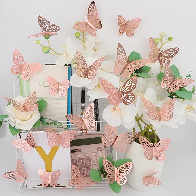 36 Pcs Butterfly Wall Decor, 3 Styles 3 Sizes 3D Rose Gold Butterfly, Wedding & Birthday Party Decorations, Girls Bedroom Decoration