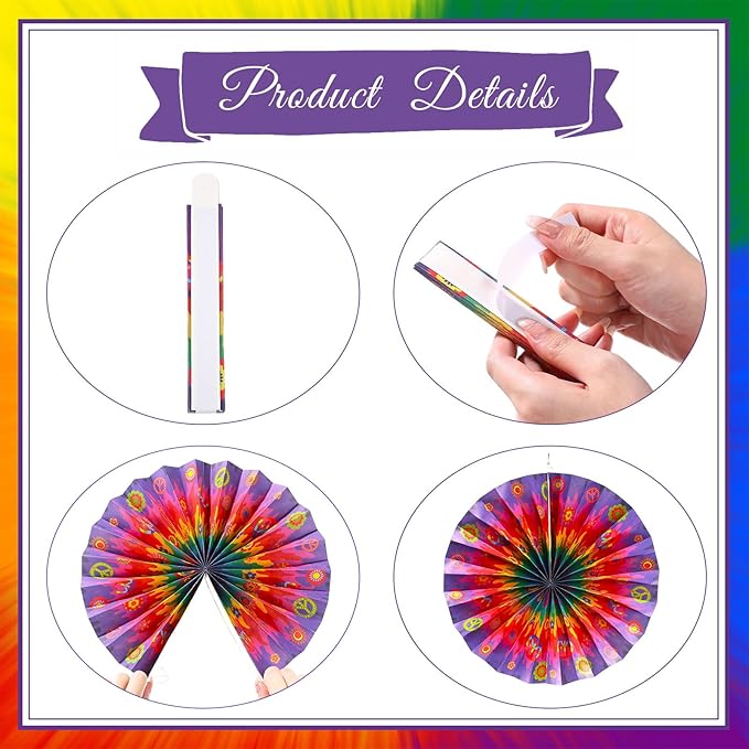 Outus Tie Dye Party Supplies Groovy Hippie Hanging Paper Fans Classroom Decoration 60s Party Ceiling Wall Decor Fans Peace and Love Sign for Carnival Hippie Groovy Theme Birthday Ceiling(9 Pcs)