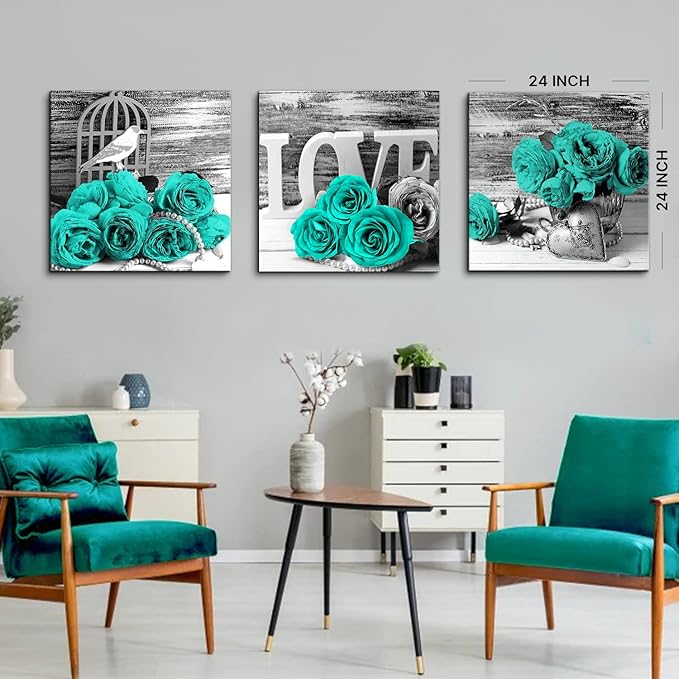 Teal Roses Floral Wall Art for Bathroom Home Decor Framed Canvas Prints Black&White Blue Rose Flowers Paintings Warm Family Pictures Posters Modern Artwork Homes Decorations Set of 3 Pieces 24x24