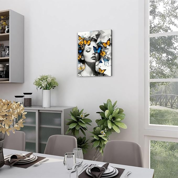 Abstract Butterfly Wall Art Women Pictures Wall Decor Modern Black and White Female Portrait Canvas Painting Blue Yellow Butterfly Wall Decor Aesthetic Prints Artwork for Living Room Bedroom 12x16"