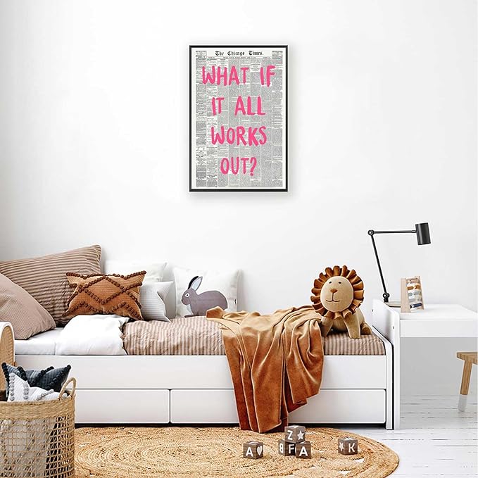 What If It All Works Out Poster Retro Newspaper Pink Font Canvas Wall Art Positive Affirming Quote Minimalist Prints Painting For Home Bedroom Dorm Wall Decor 8x12in Framed