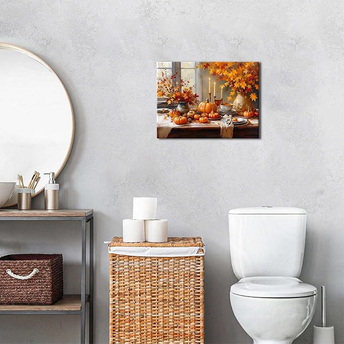 Pumpkin Wall Art Fall Kitchen Wall Decor Farmhouse Halloween Canvas Prints Pictures Autumn Maple Leaves Painting Rustic Thanksgiving Harvest Themed Artwork for Dining Room Home Decoration 12x16"