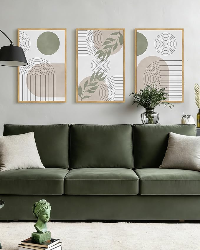 Drsoum Green Botanical Boho Wall Art Framed Modern Bohemian Sage Wall Decor Abstract Geometry Lines Prints Ready to Hang 16x24in Natural Framed