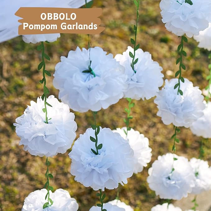 White Flower Garland for Bridal Shower Decorations, 2 Pcs Baby Shower Decorations for Girls, Pom Pom Garland, Paper Flowers Party Decorations for Birthday