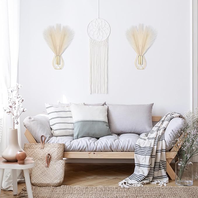 Otoolling 2 Pieces Hanging Plant Wall Decor with Artificial Pampas Grass Metal Hanging Vase Modern Geometric Farmhouse Bohemian Wall Art for Living Room Bedroom Kitchen Bathroom Office(Gold, Beige)