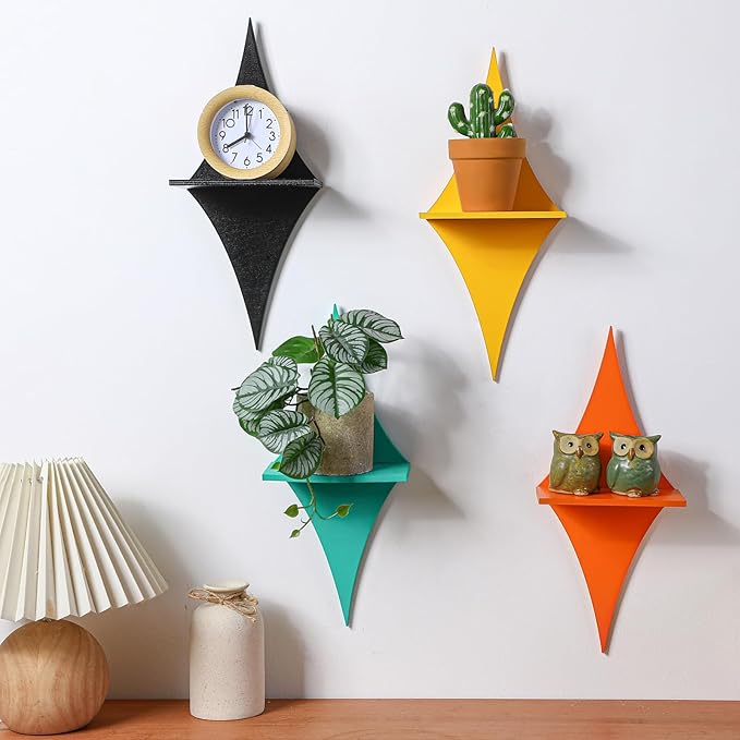 4 Pcs Mid Century Wall Decor Wooden Retro Celestial Star Shaped Burst Wall Art Mount Shelves for Aesthetic Hanging Storage Sign Decoration for Room Bedroom Party(Rhombus)
