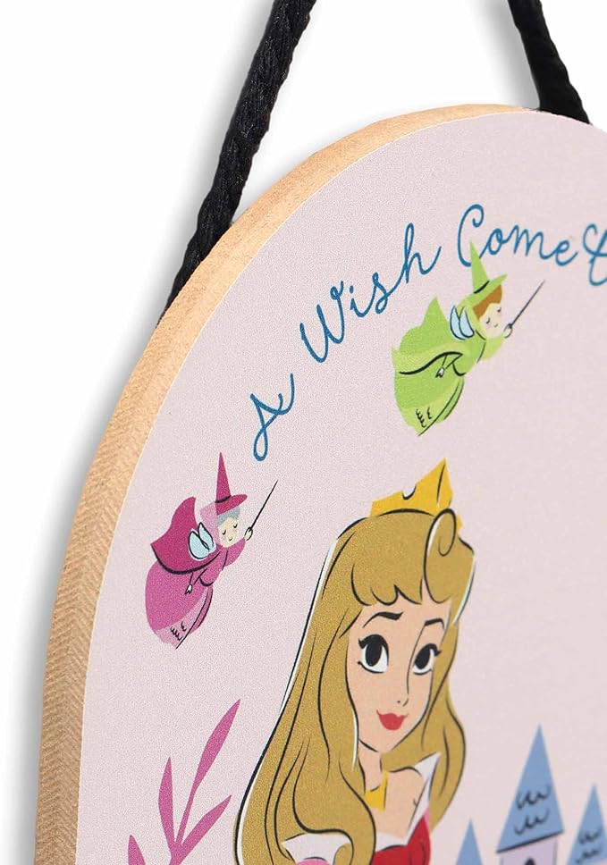 Disney Sleeping Beauty A Wish Come True Hanging Wood Wall Decor - Pretty Aurora Sign for Kids' Bedroom or Nursery