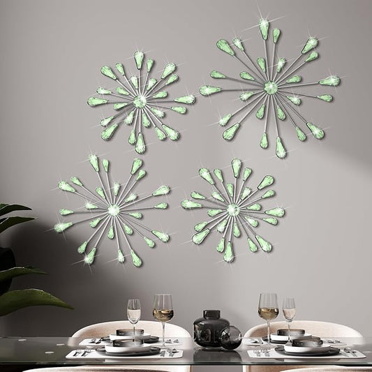 Hicarer 4 Pcs Starburst Wall Decor Bling Wall Art Crystal Teardrop 3D Hanging Rhinestone Radial Metal Artwork Modern Accent Sculptures Decorations for Living Room Home Office Bedroom(Green)