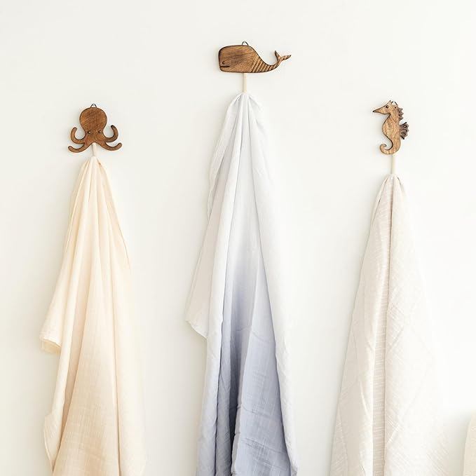 Crane Baby Sea Life Wooden Wall Hooks - Set of 4 Wooden Ocean Nursery Decor Towel Hooks