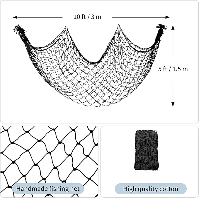 Decorative Fishing Net 5x10 ft,Patioland Large Black Picture Fish Net, Wall Photo Hanging Fishnet for Nautical Mermaid Pirate Ocean Themed Hawaii Beach Under The Sea Party Decorations (1PCS)