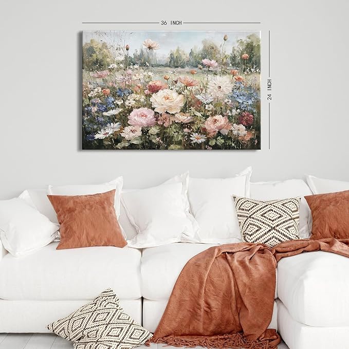 Vintage Wildflowers Wall Art Roses Daisy Canvas Painting for Living Room Farmhouse Colorful Flower Canvas Prints Rustic Country Nature Floral Landscape Artwork for Bedroom Home Decorations 24x36"