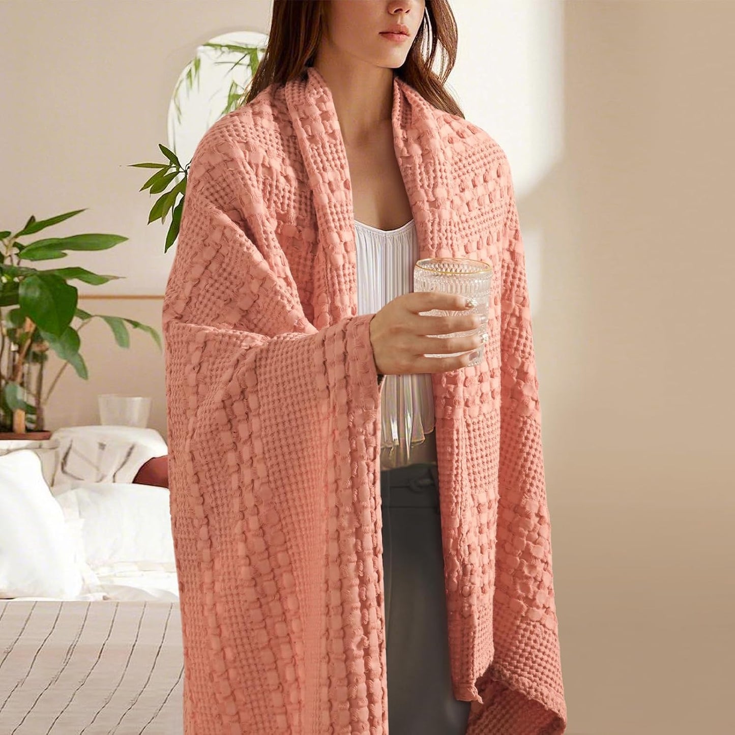 PHF 100% Cotton Waffle Weave Throw Blanket, Soft Lightweight Breathable Cozy Summer Throws for Couch Bed Sofa, Luxury Aesthetic Woven Blanket for Home Decor & Office, 50"x60", Canyon Clay