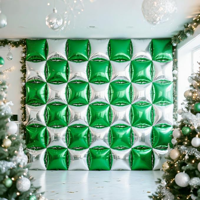 NISOCY 25PCS Green Silver Square Foil Balloons Wall Backdrop Double Sided Silver Green Balloons Arch Kit for Birthday Anniversary Graduation Forest Baby Bridal Shower Kids Party Decorations
