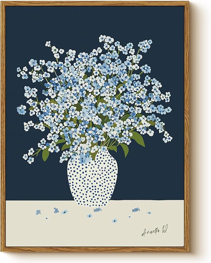 Vintage Framed Floral Wall Art 12x16, Blue White Baby’s Breath Flower in Polka Dot Vase Print, Minimalist Modern Nordic Botanical Canvas Artwork, Entryway Bedroom Kitchen Office Decor