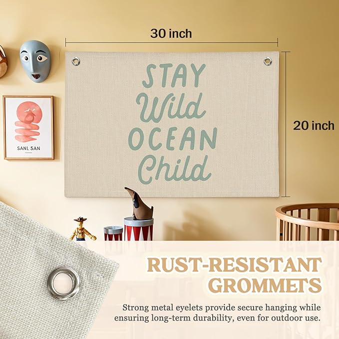 Stay Wild Ocean Child Linen Canvas Banner, Nursery Kids Room Playroom Home Decor, Baby Kids Boy Girl Gift, Beach House Decor 30x20 Inch