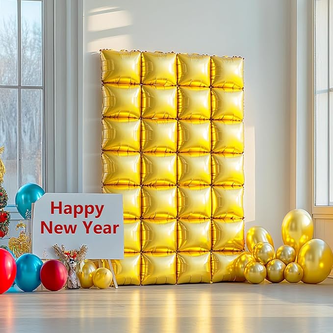 NISOCY 25PCS Gold Square Foil Balloons Wall Backdrop Metallic Double Sided Gold Christmas Balloons Tunnel Arch Kit for New Year Birthday Anniversary Graduation Party Decorations