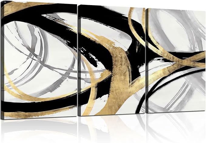 3Pcs Framed Abstract Wall Art Gold Black and White Lines Picture Canvas Prints Modern Line Prints Living Room Bedroom Office Poster Gallery Home Decor 12x16 Inch Ready to Hang