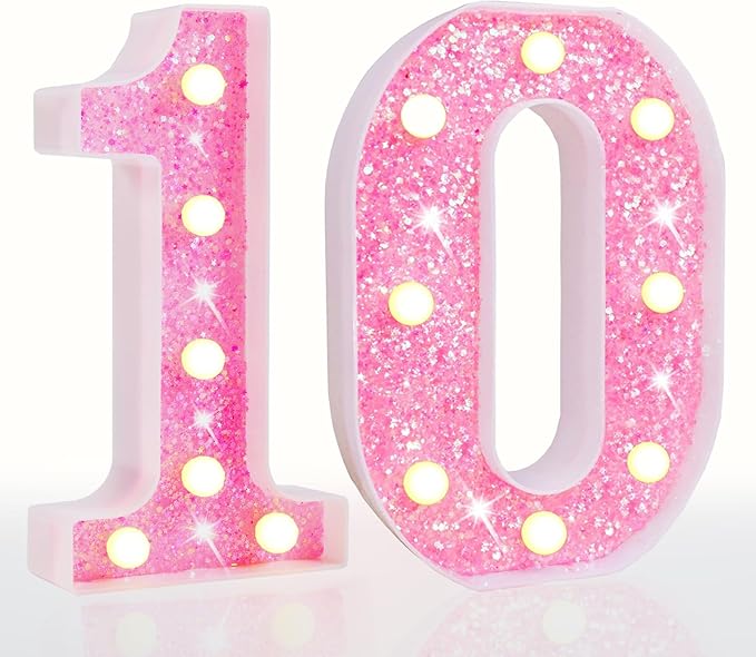 Pooqla 10th Birthday Decoration for Girls, light up Number 10 for Birthday Party, Battery Powered Glitter Lighted Numbers Shiny LED Marquee Numbers table Decor, Pink Number 10