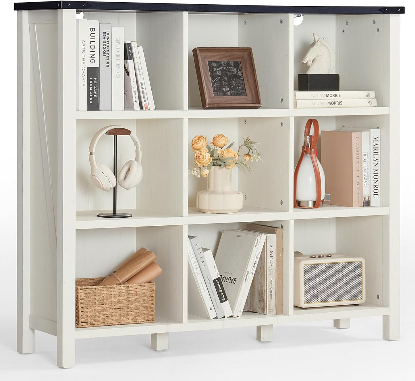 9 Cube Bookcase, Farmhouse 47 Inch Wide White Bookshelf, Wooden 3 Tier Display Large Open Book Shelf, Vintage Horizontal Book Case for Home Office, Cubby Storage Cabinet for Living Room