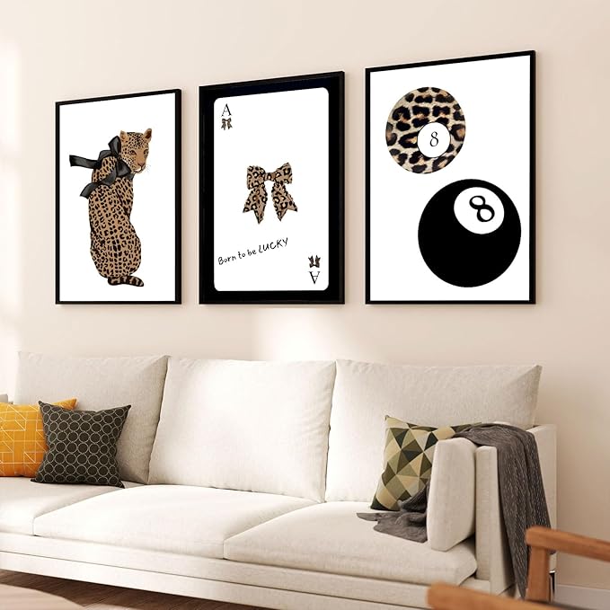 Set of 3 Trendy 8 Ball Leopard Wall Art Ace Card Bow Wall Decor Pictures Funky Born To Be Lucky Posters Prints Preppy Aesthetic Cheetah Room Decor for Girls Bedroom Apartment Dorm Unframed 16x24in